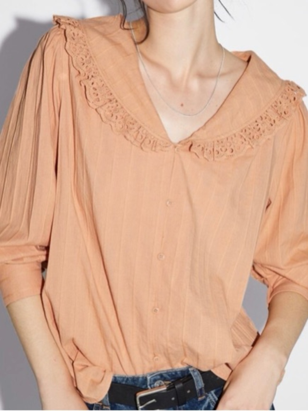 ZARA Peach Cotton Blouse Size M Eyelet Lace Collar Button Front Boho